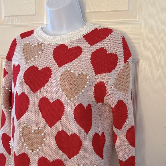 Red + Cream Pearl Heart Knit Sweater - Picture 6 of 16